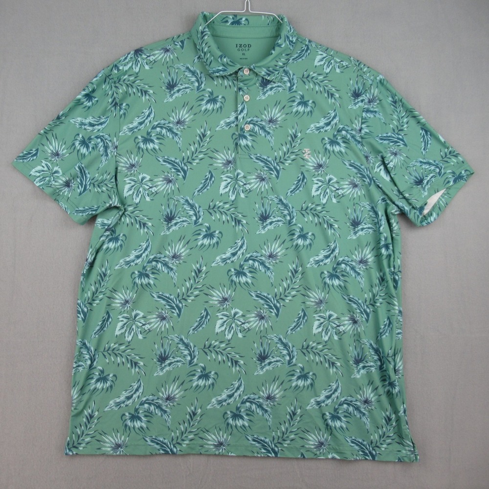 IZOD Golf Polo Shirt Mens XL Green Tropical Leaf Print Short Sleeve Stretch